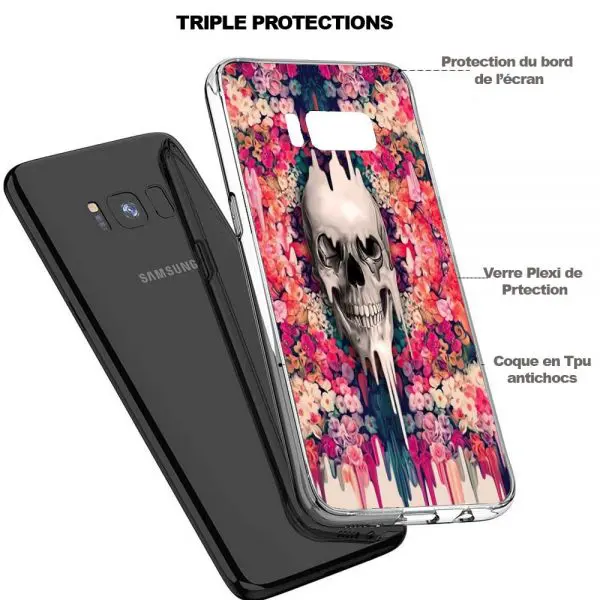 Achat Coque Plexi-glass Samsung S8 Skull Fleurs