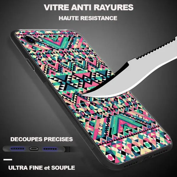 Coque anti-rayures iPhone XR, X, XS, 11 avec motif Azteque Turquoise en plexiglass