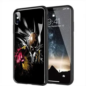 One Punch Man, Coque Bumper Silicone + Vitre Verre Trempé Plexiglass Compatible avec iPhone X, XR, XS, iPhone 11, iPhone 8 Plus, iPhone 7 Plus, iPhone 8, 7