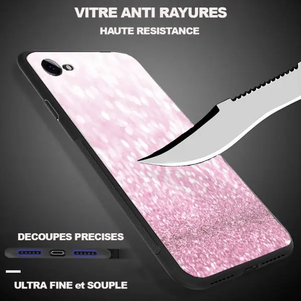 Strass et Paillettes Roses, Coque anti chocs iPhone X, XR, XS, iPhone 11, iPhone 8 Plus, iPhone 8