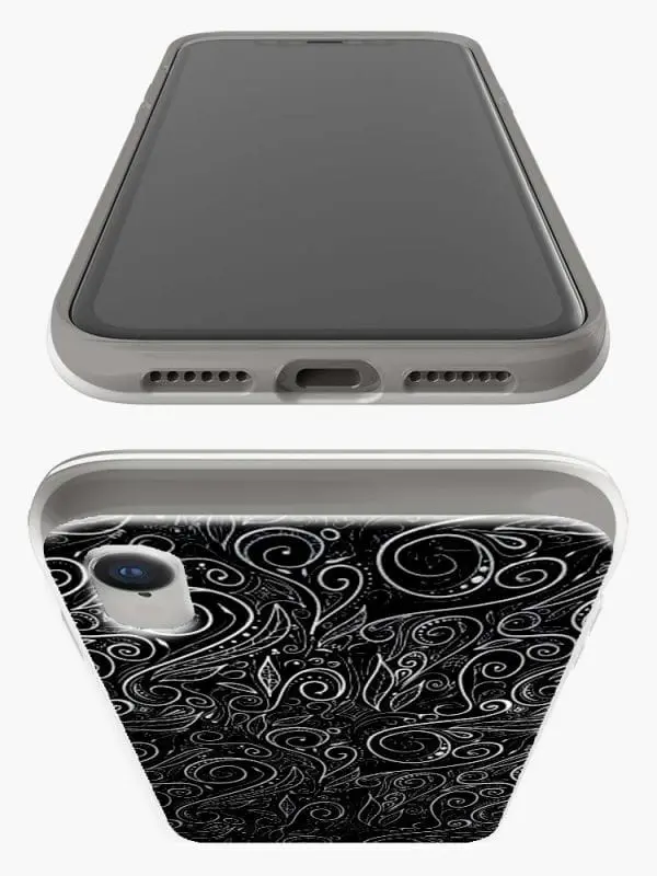 Coque Silicone iPhone XR Black Silver Damask