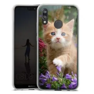 Coque Huawei P20, P20 LITE, P20 PRO en silicone motif Cute Ginger Kitten In a Flowery Garden Lovely and enchanting cat