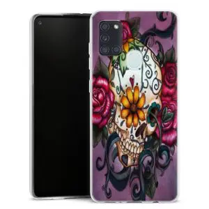 Coque pour téléphone Samsung Galaxy A21S personnalisée motif skull flowers violet