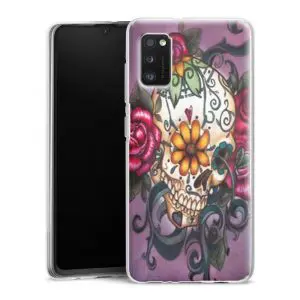 Coque tel portable Samsung Galaxy A41 en silicone personnalisée skull flowers violet
