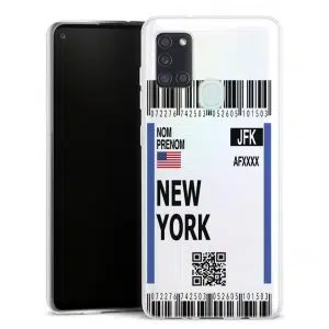 Coque portable Samsung Galaxy A21s motif Billet Avion New York JFK