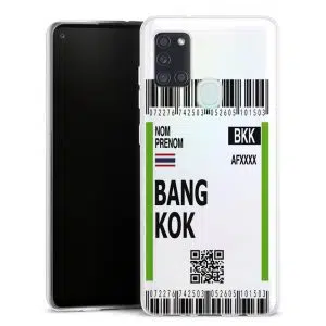 Coque portable Samsung Galaxy A21s motif Billet Avion Bangkok BKK