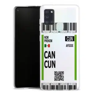 Coque portable Samsung Galaxy A21s motif Billet Avion Cancun