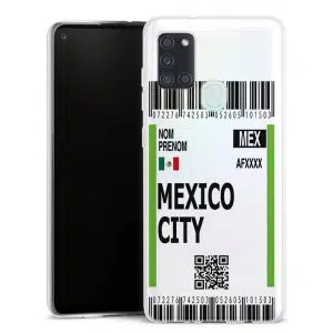Coque portable Samsung Galaxy A21s motif Billet Avion Mexico City