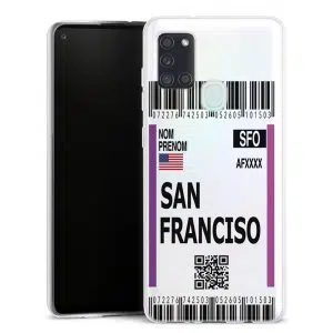 Coque portable Samsung Galaxy A21s motif Billet Avion San Francisco