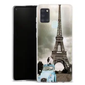 Coque portable Samsung Galaxy A21s motif Romance a Paris sous la Tour Eiffel