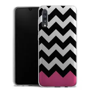 Coque téléphone personnalisée Samsung Galaxy A70 en silicone motif chevrons rose et noir