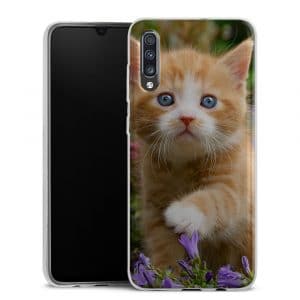 Coque pour Samsung galaxy A70 en Silicone Motif Cute Ginger Kitten in a flowery garden lovely and enchanting cat