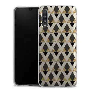 Coque téléphone personnalisée Samsung Galaxy A70 en silicone motif glitter triangles in gold black and nude